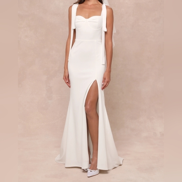 Lulus Splendid Love White Bustier Tie-Strap Button-Back Mermaid Bridal Maxi, XL - Picture 5 of 11